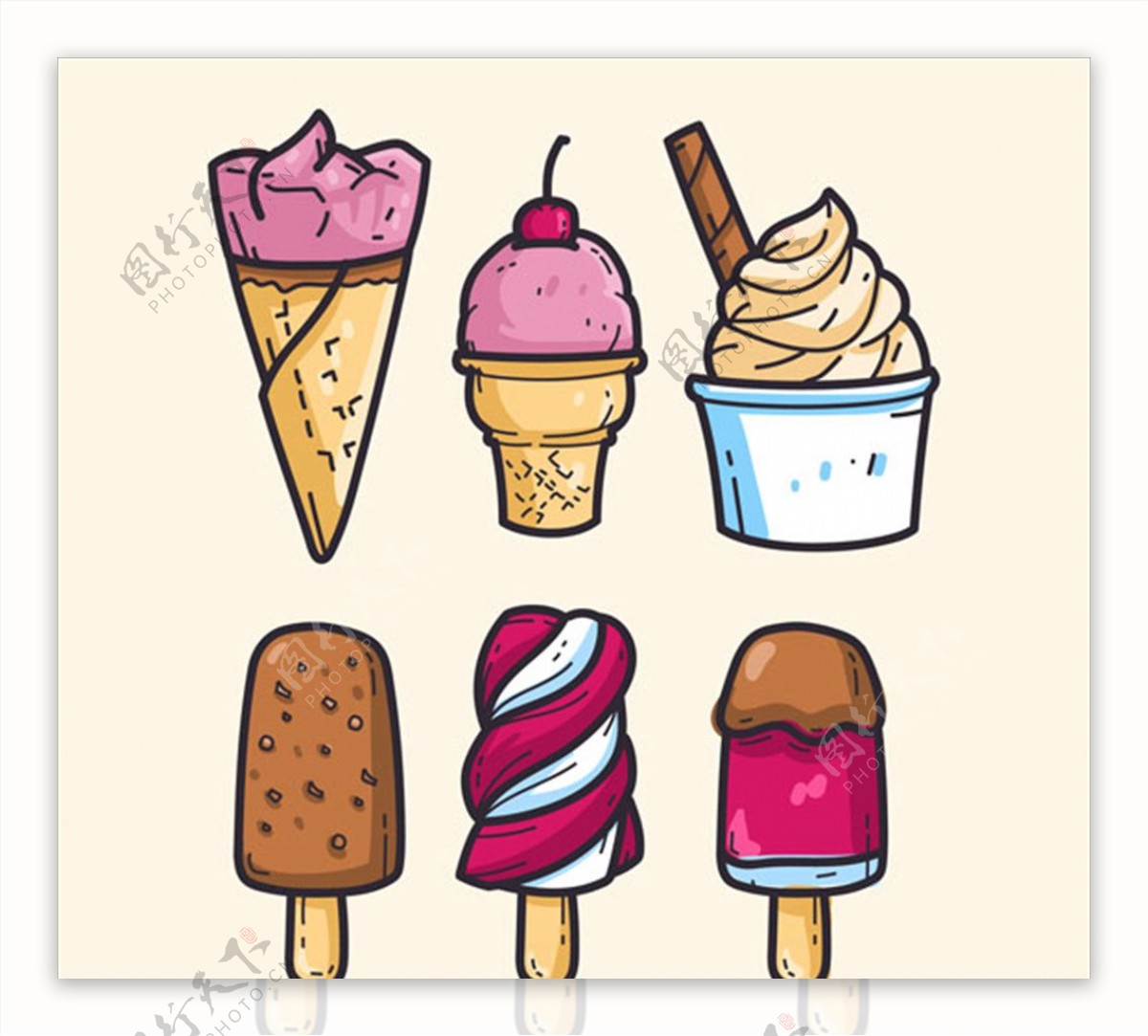 手绘风格的冰淇淋集合