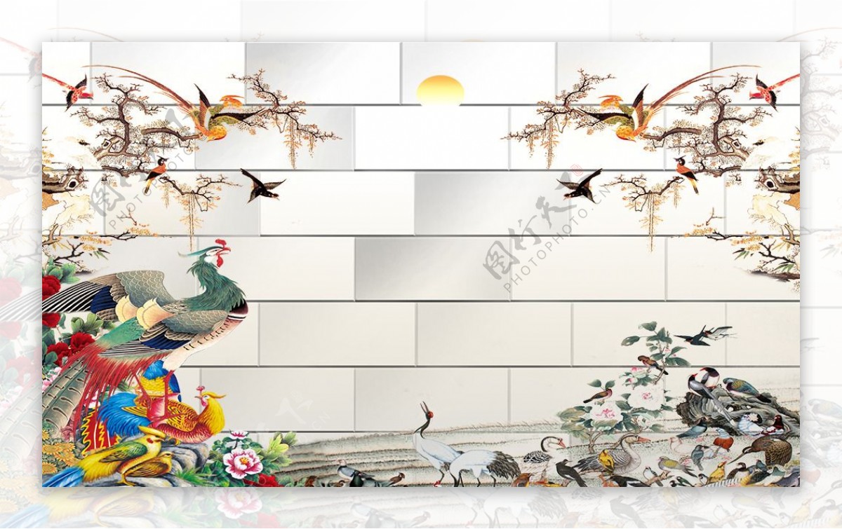 3D孔雀花鸟背景墙