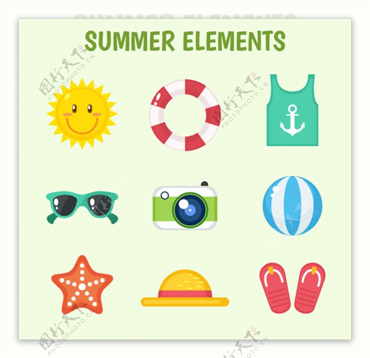六个卡通夏季渡假元素