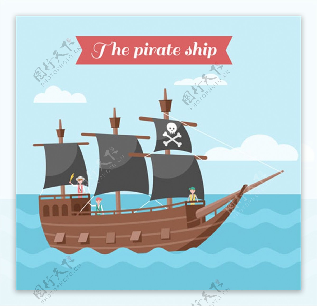 卡通在海上行驶的海盗船