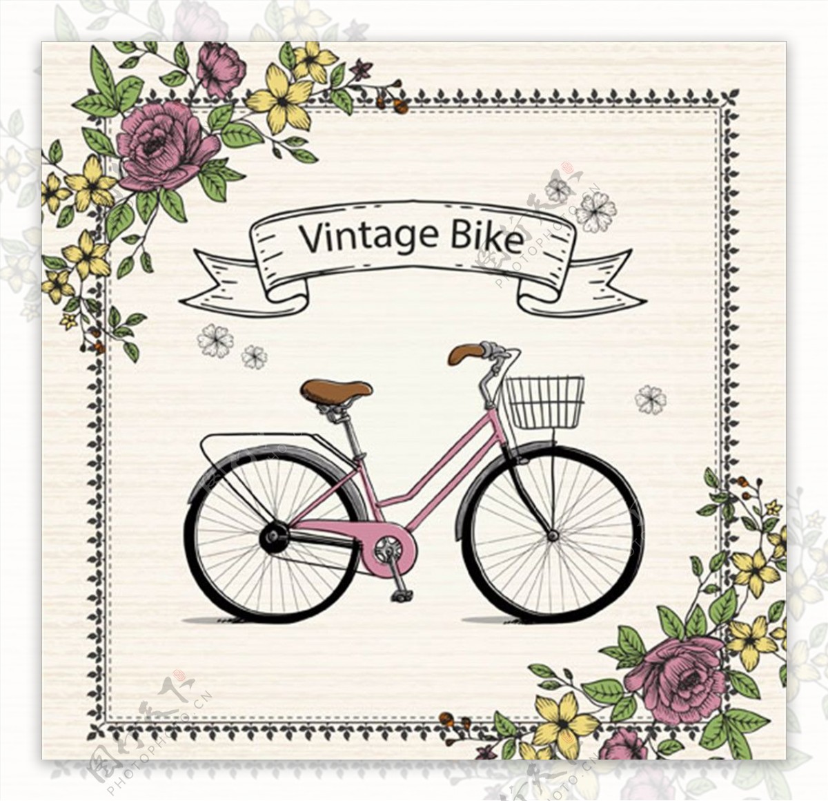 手绘复古花卉自行车插图