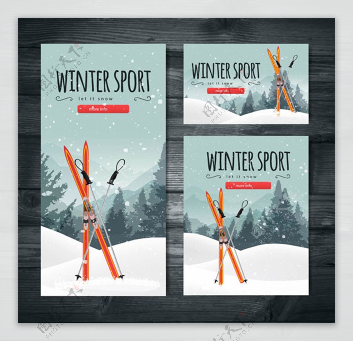一组平面滑雪运动广告