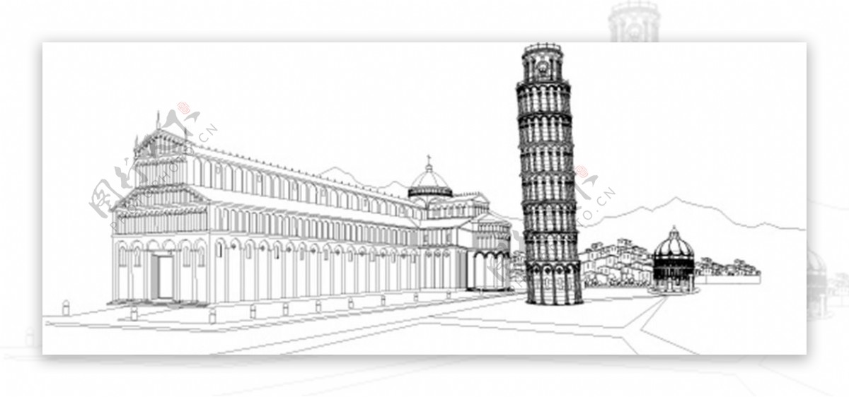 意大利建筑比萨斜塔线描矢量素材