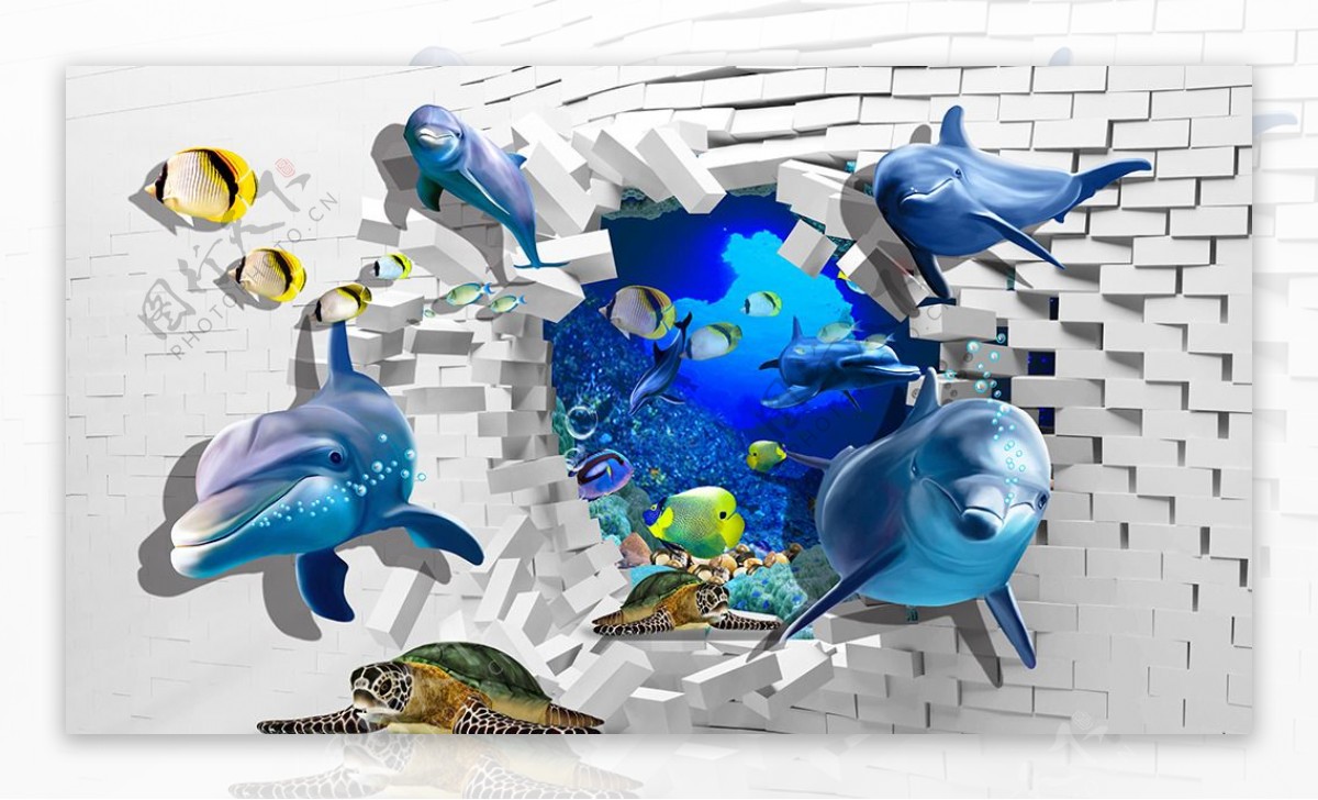3D立体海洋生物电视背景墙儿童