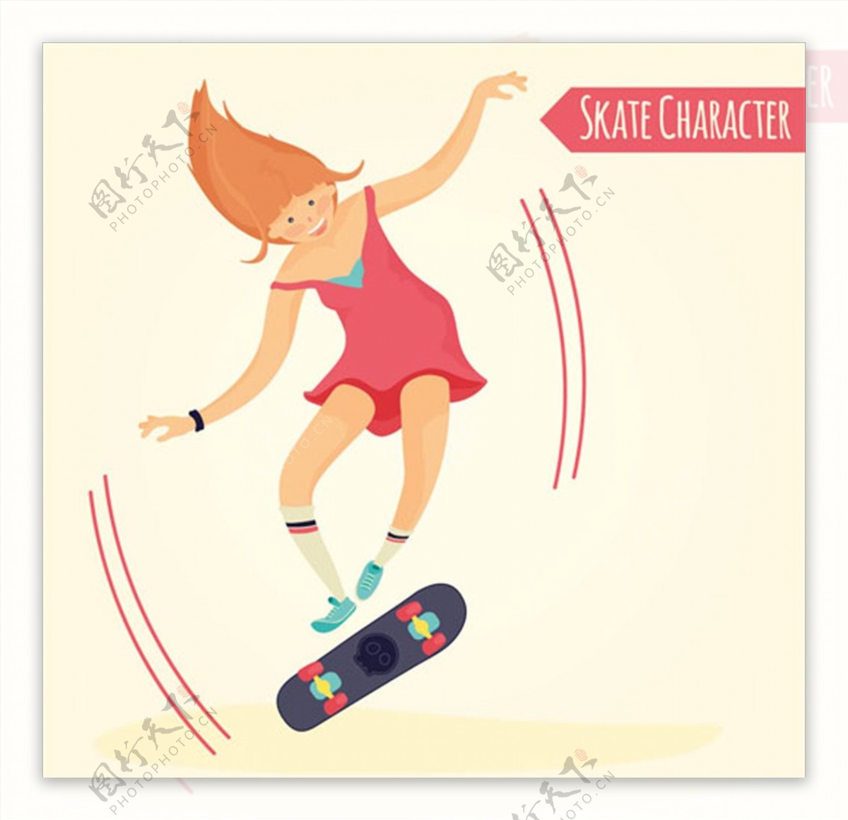 卡通滑滑板的女孩插图
