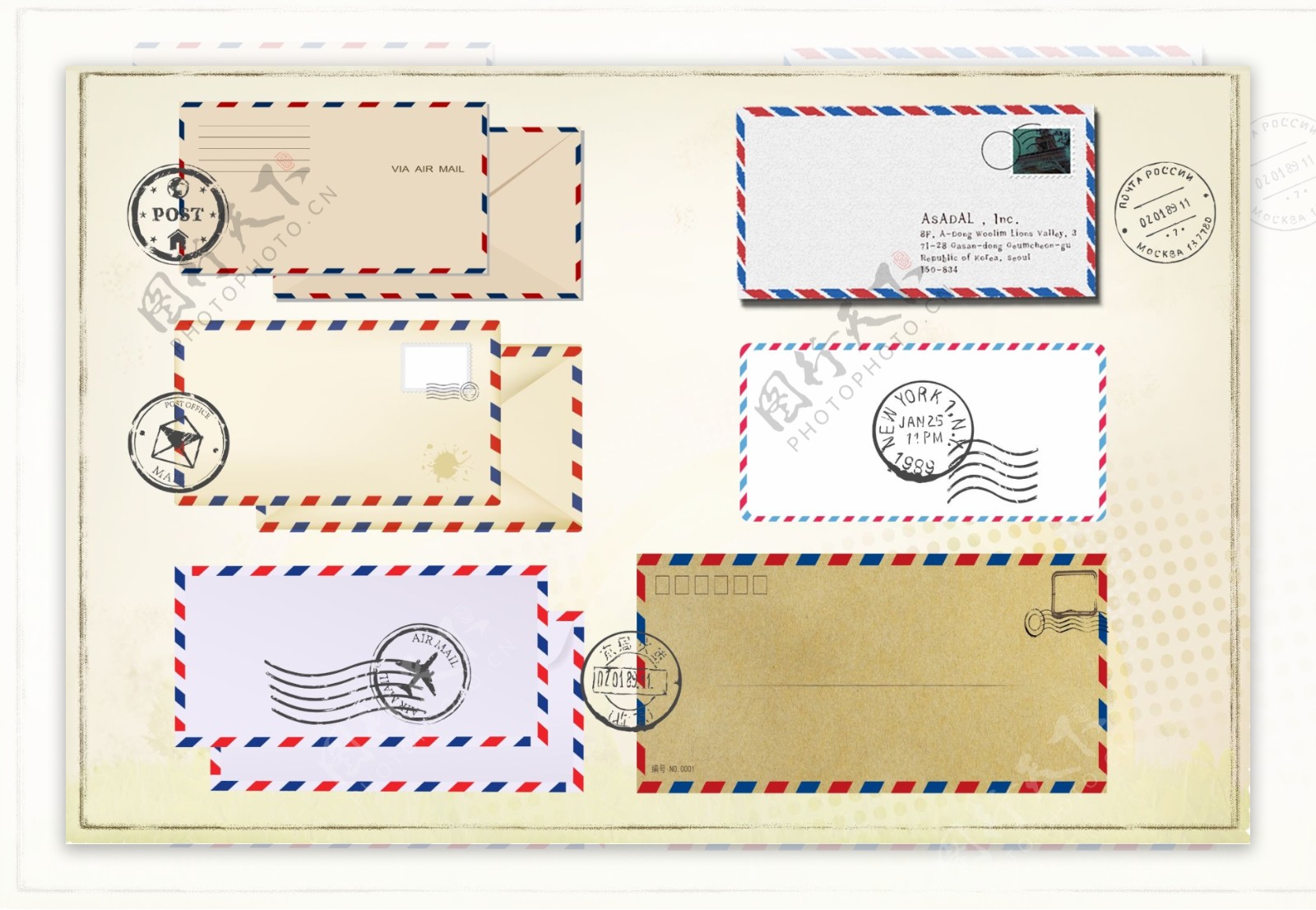 经典红蓝信封信纸设计带邮戳
