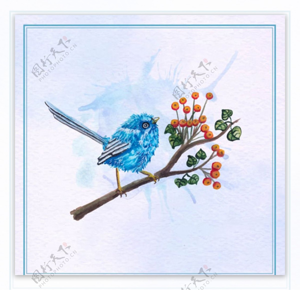 手绘水彩春季蓝色花鸟