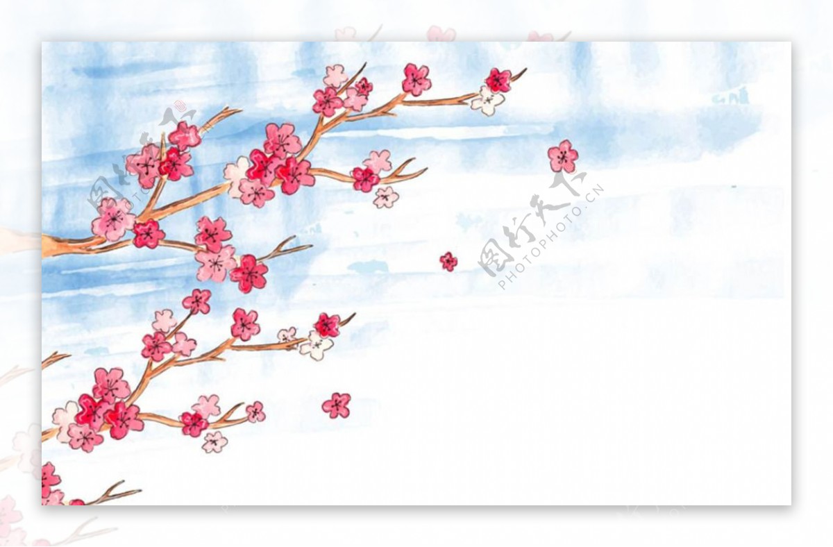 水彩春季蓝天樱花海报背景