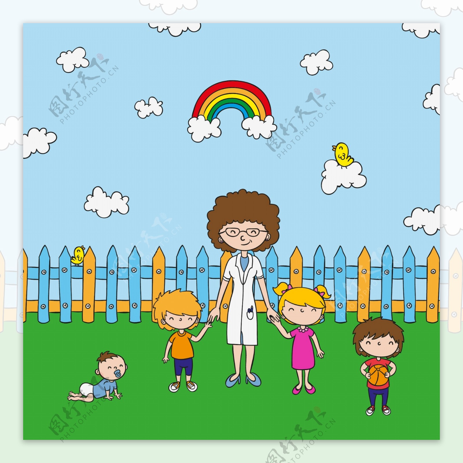 彩虹下幼儿园玩耍的孩子