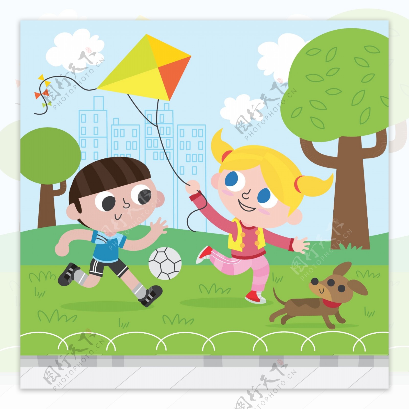 卡通儿童节快乐孩子们玩风筝