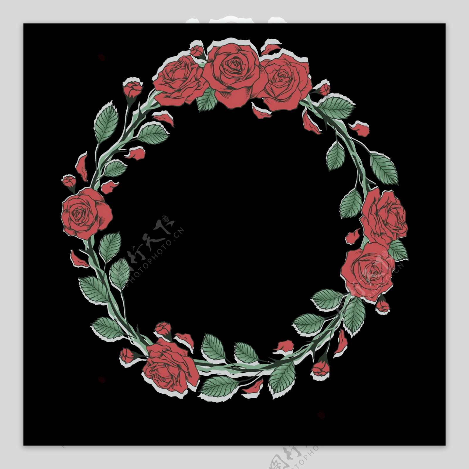 绿叶玫瑰圆形花边免抠png透明图层素材