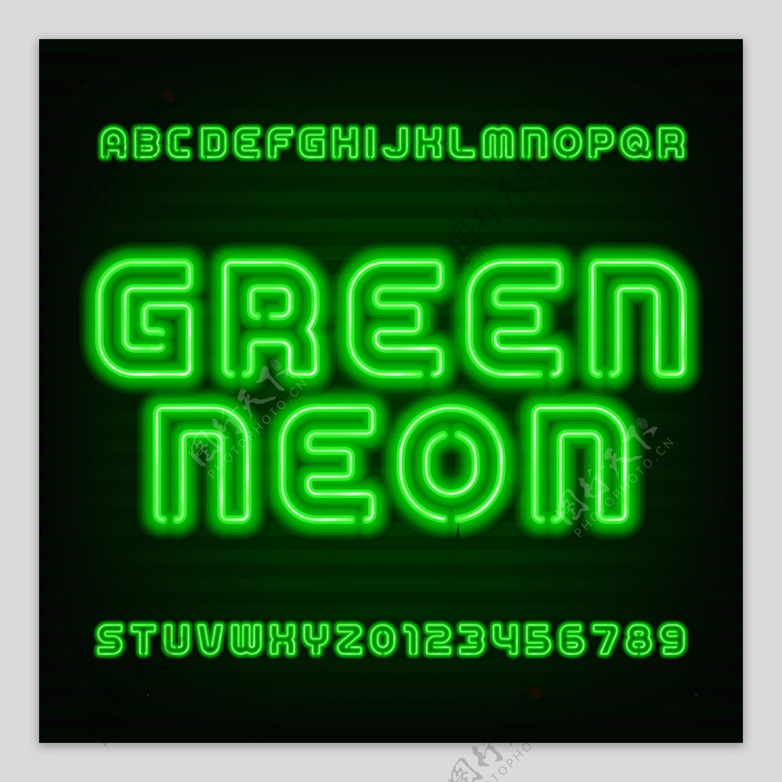 36个绿色霓虹灯字母和数字矢量素材