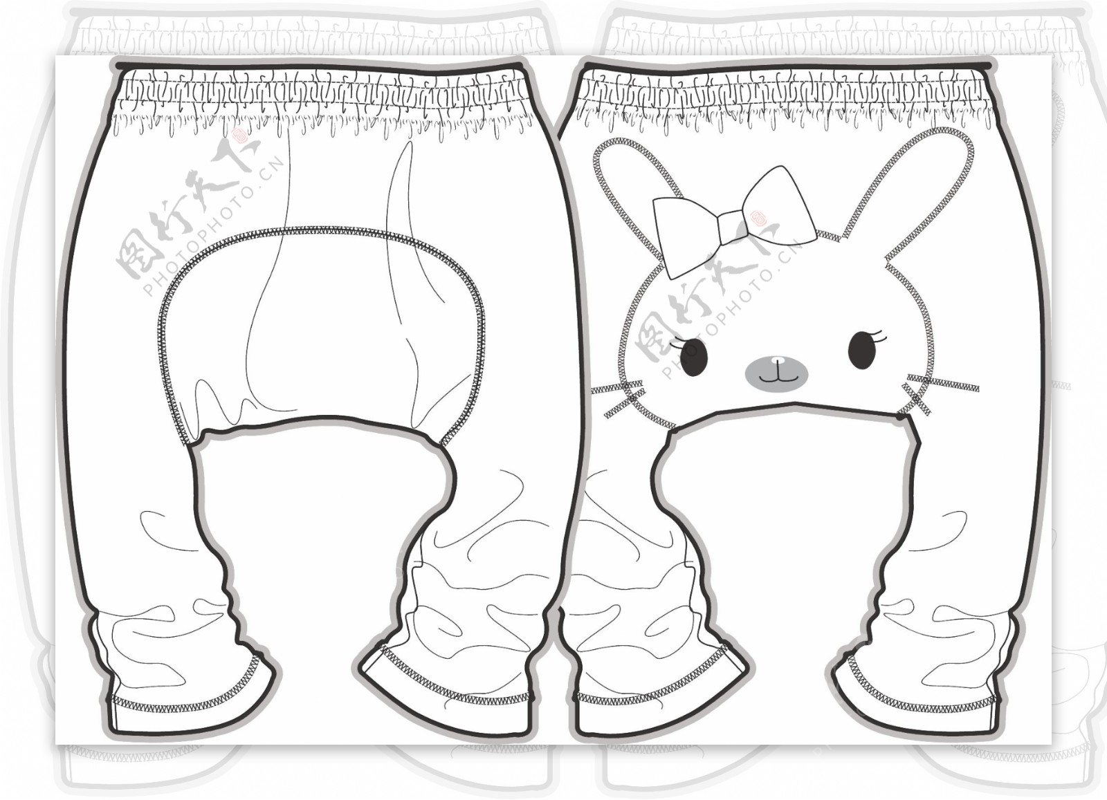 兔子长裤女宝宝服装设计线稿矢量素材