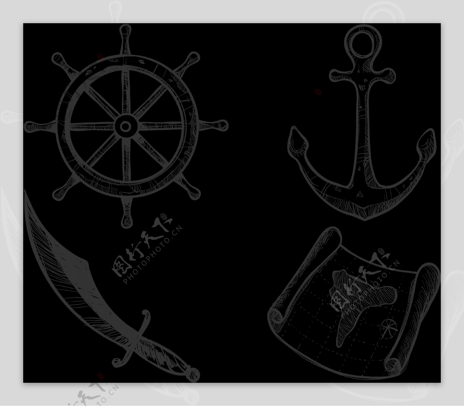 素描风格海盗元素图免抠png透明图层素材