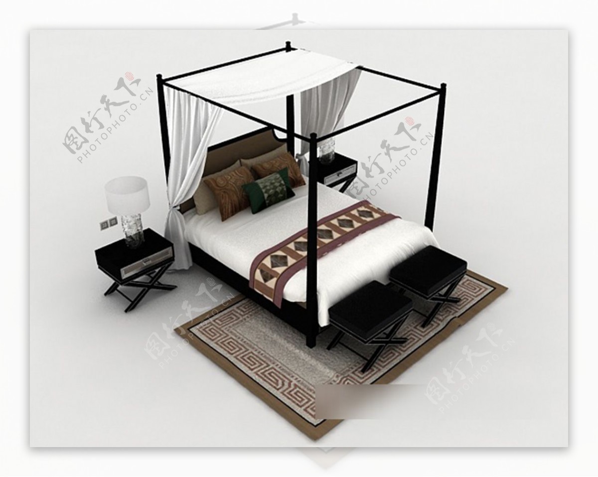 现代黑白双人床3d模型下载