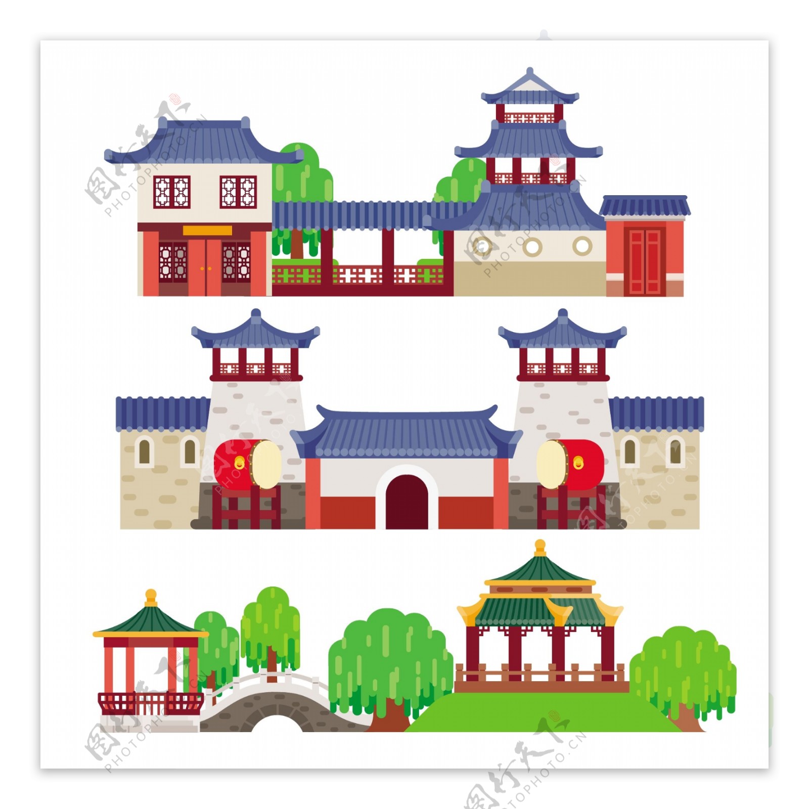 蓝色屋顶扁平化中国古代建筑房屋矢量素材