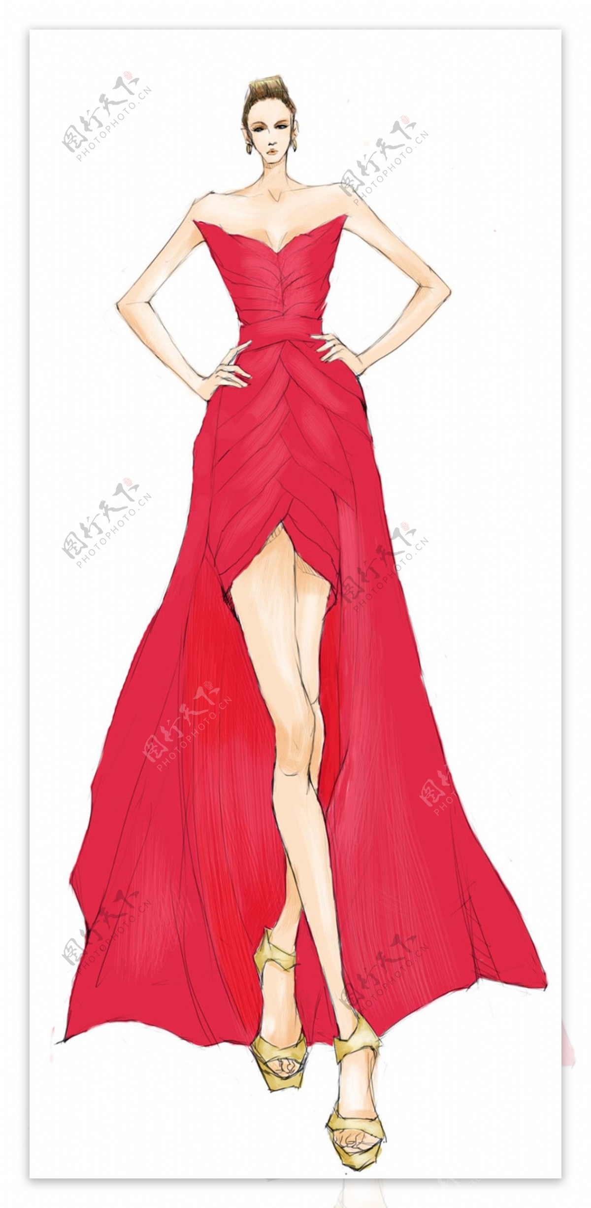 红色时尚长裙设计图