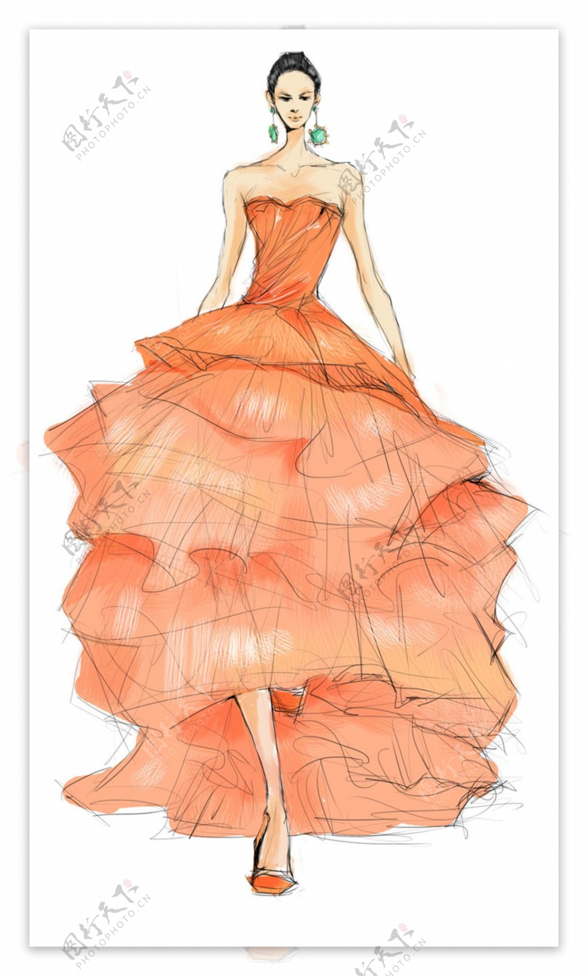 橙色波浪抹胸裙设计图
