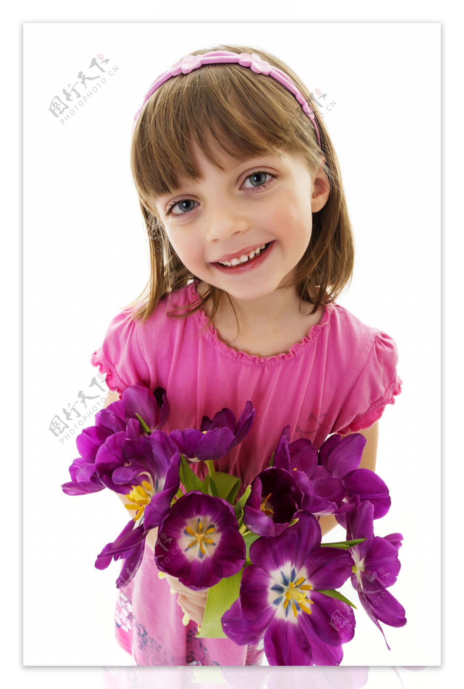 拿着紫色花朵的女孩图片