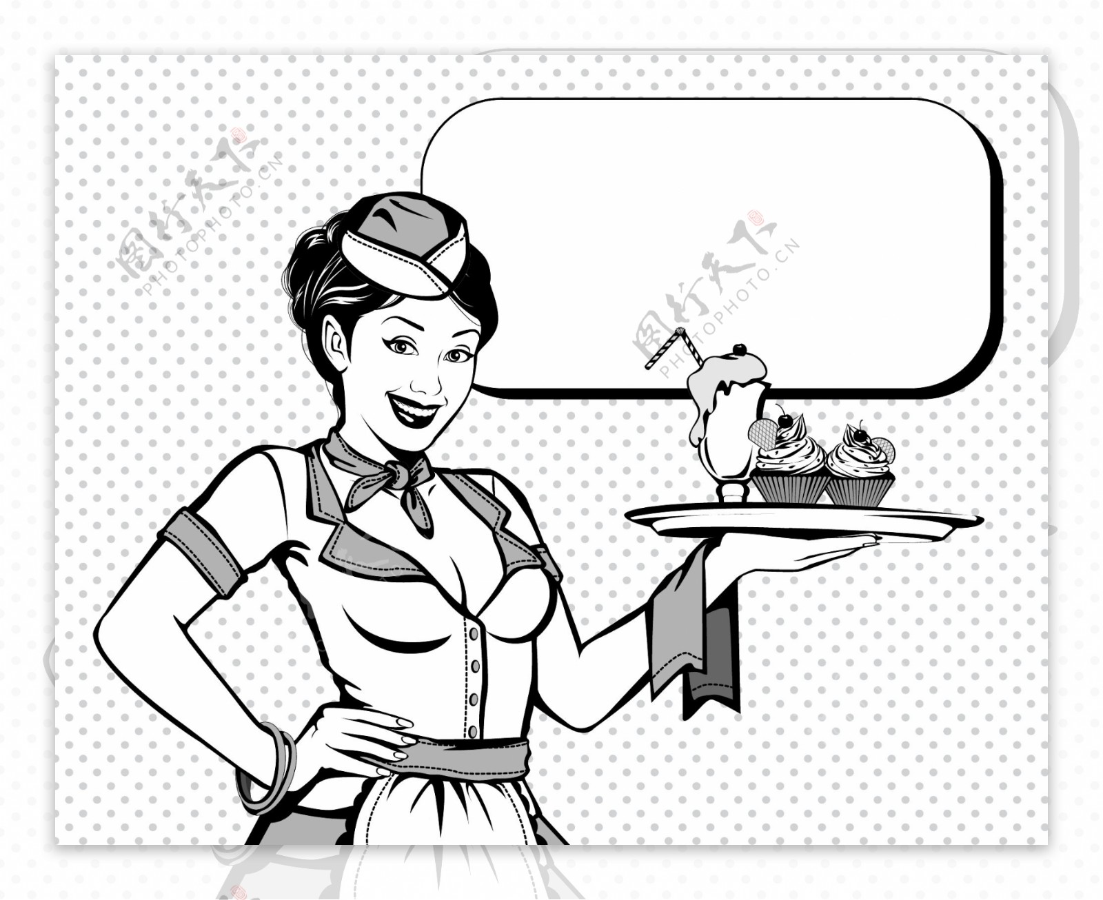 服务员卡通黑白动漫欧美女性对话矢量素材