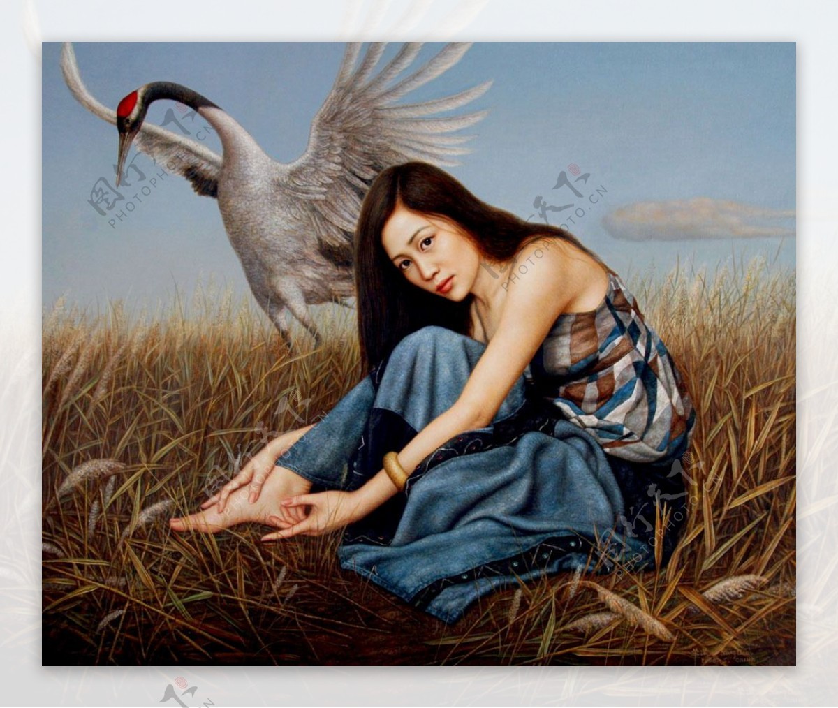 丹顶鹤与美女油画图片
