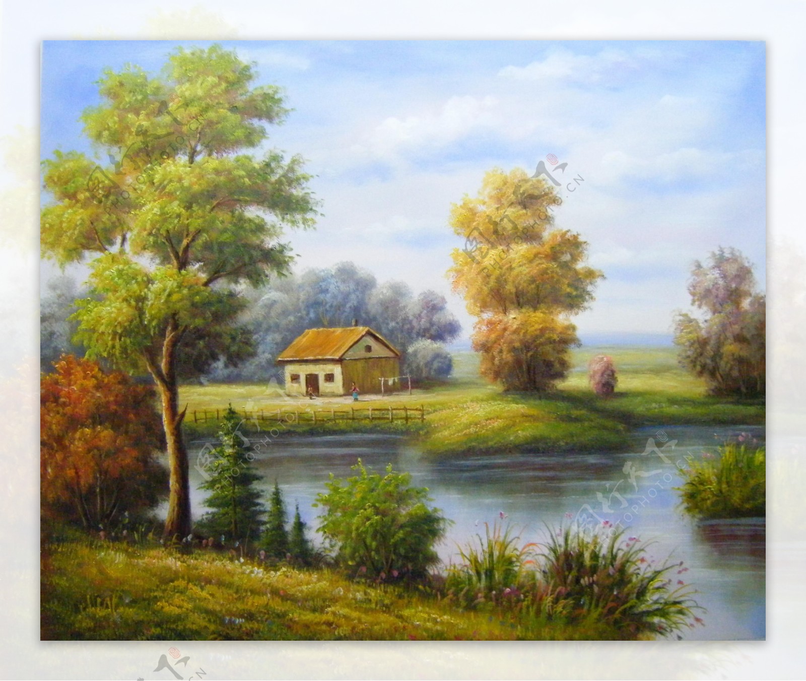 平静的小溪风景油画图片