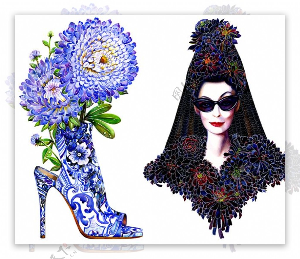 蓝色花朵高跟鞋装饰图片