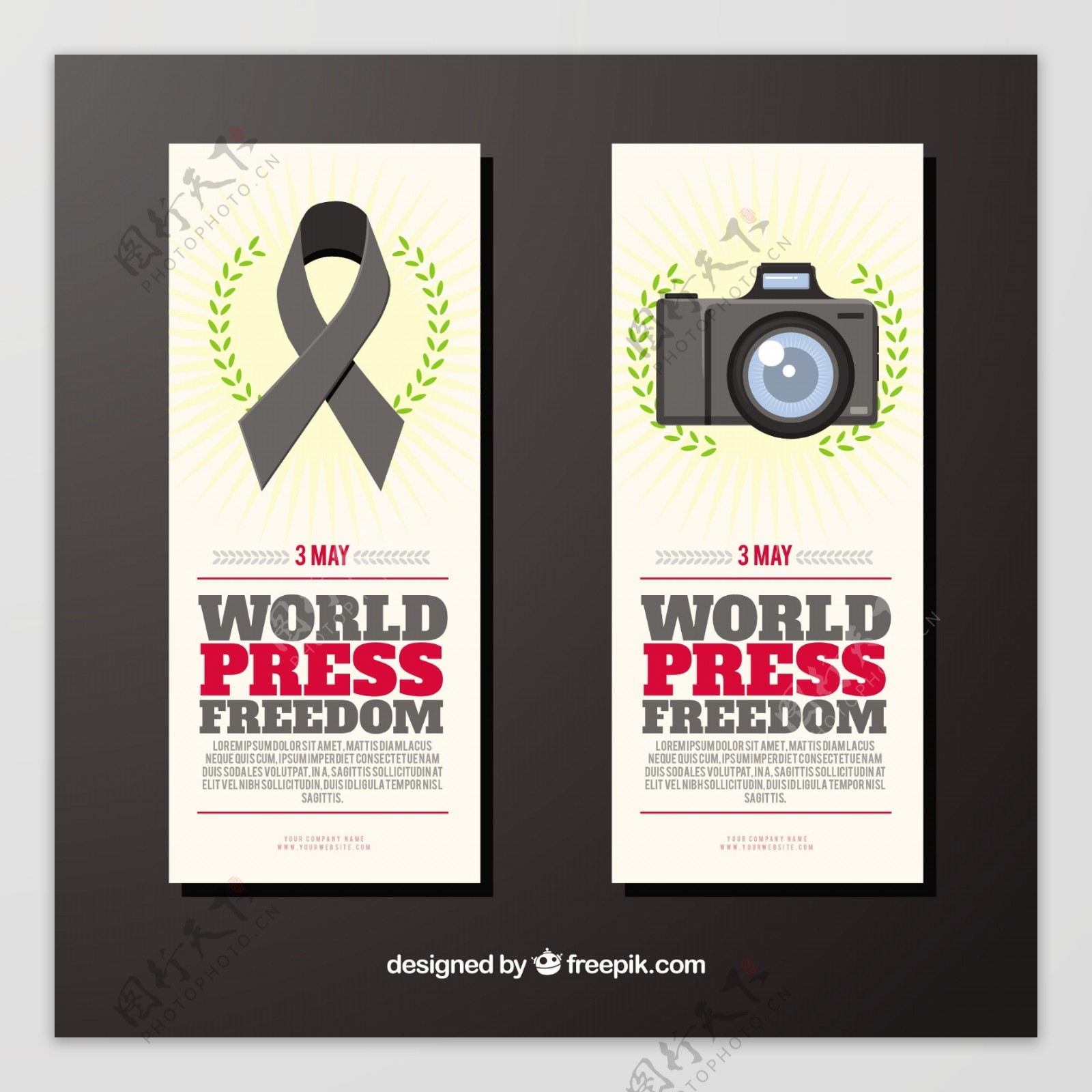 世界新闻自由日彩带和照片相机横幅