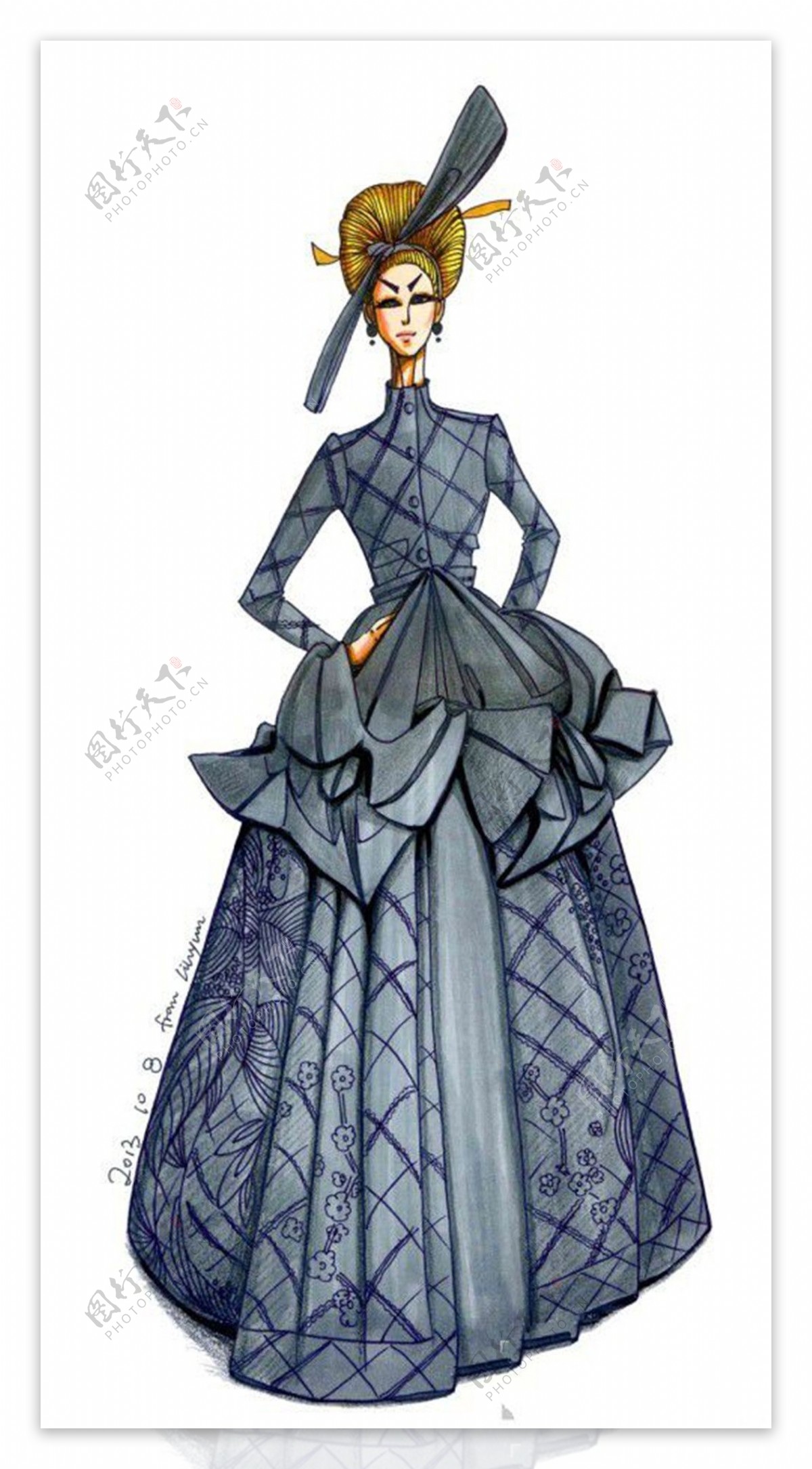 欧式花纹格子长裙设计图