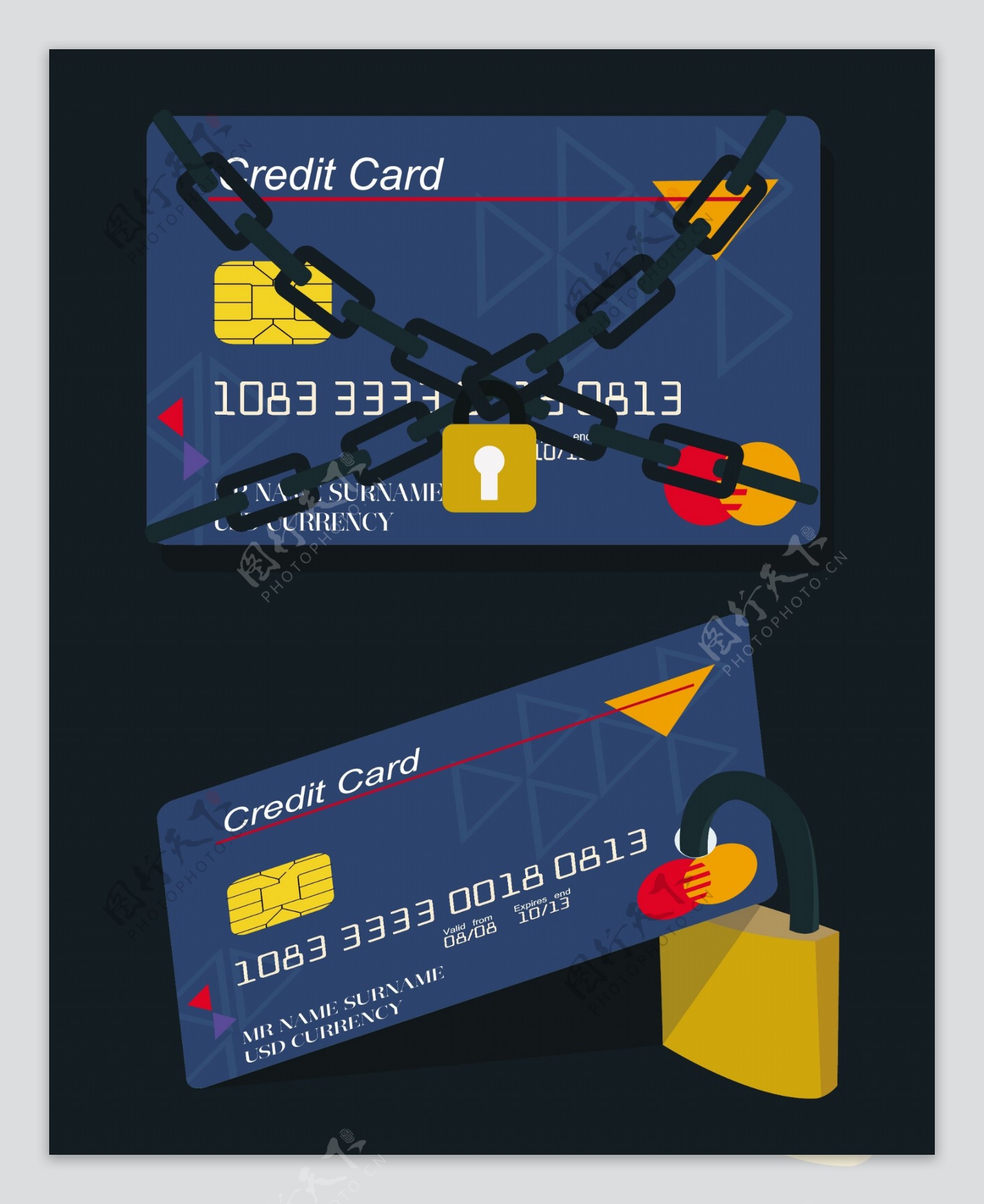 信用卡安全概念的锁链图标免费矢量