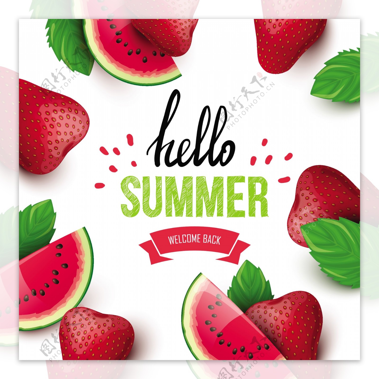 草莓西瓜夏日水果矢量海报