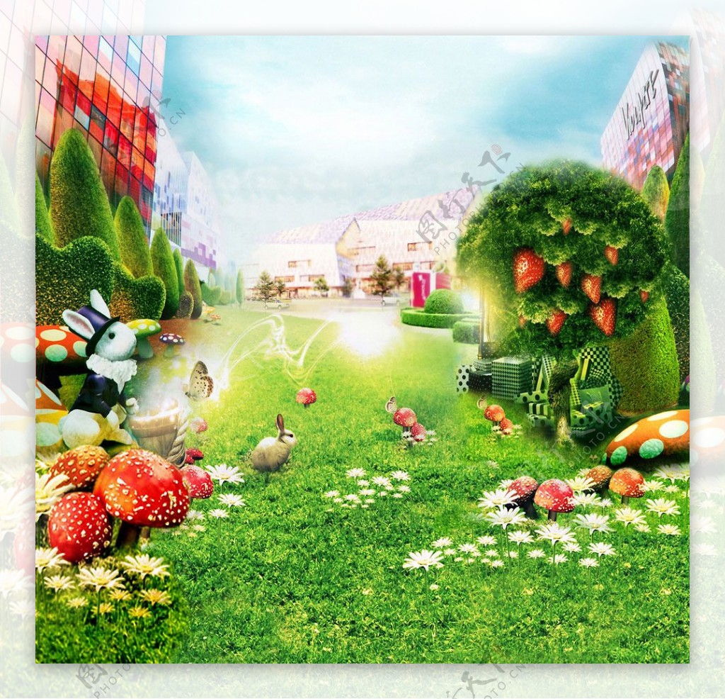 草莓树与草地兔子影楼摄影背景图片