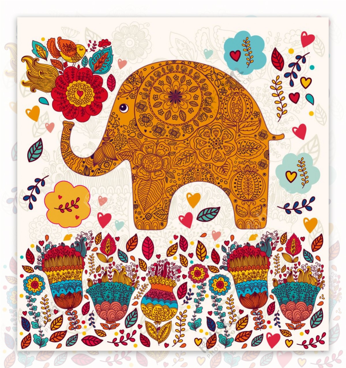 可爱卡通花卉动植物大象花纹矢量素材