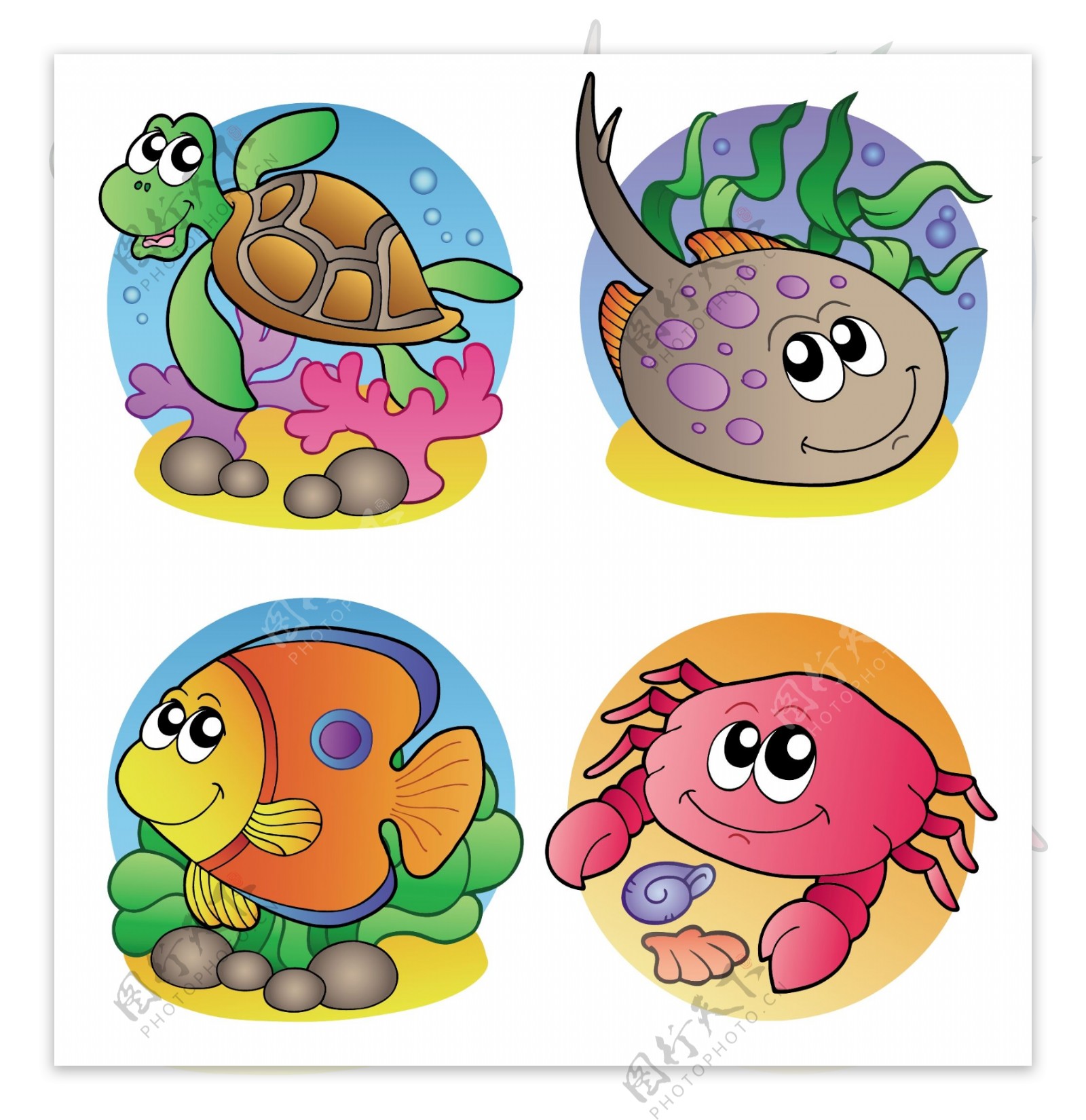 乌龟鱼和螃蟹图案矢量素材