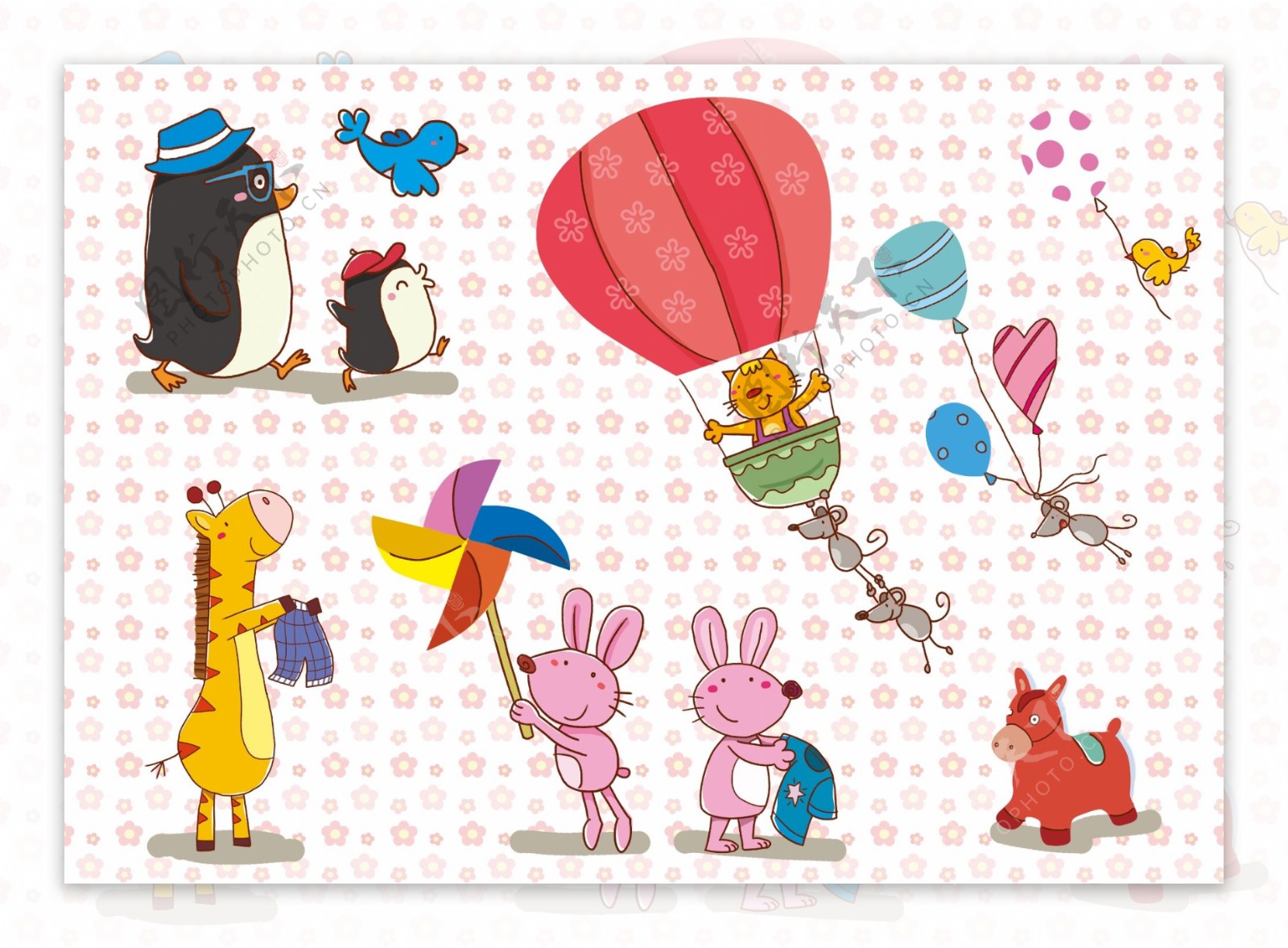 可爱卡通素材企鹅鸟猫老鼠长颈鹿兔子马气球