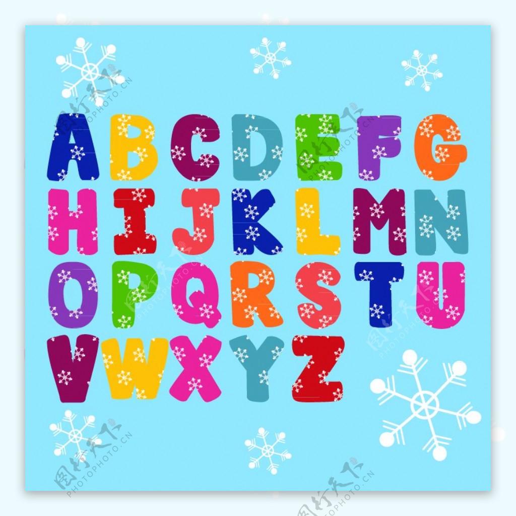 26个彩色雪花纹装饰字母矢量图