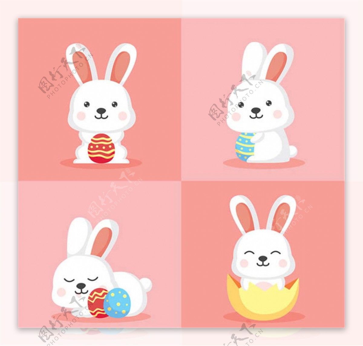 4款可爱白色抱彩蛋的兔子矢量图