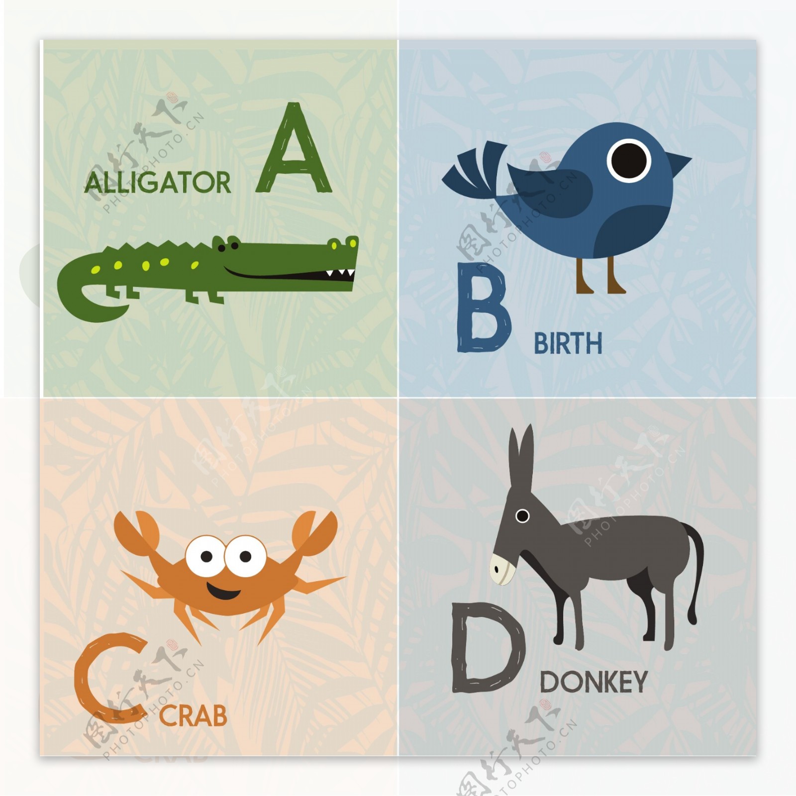 字母集设计与颜色可爱的动物自由向量