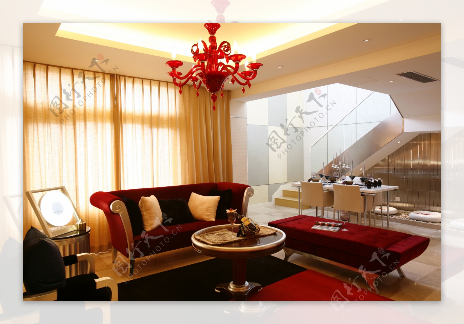 红色水晶吊灯复式客厅效果图图片