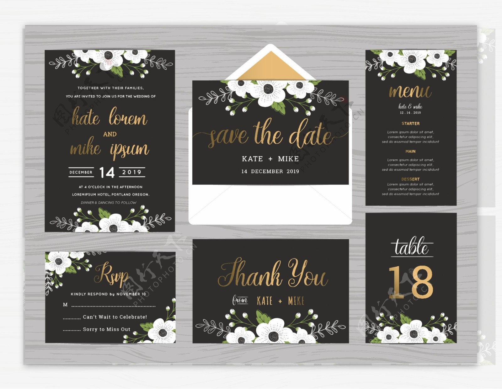 白色花簇设计婚礼卡片模板下载