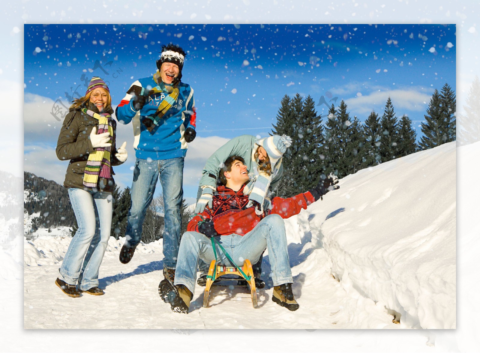 冬日里一起滑雪的青年人图片