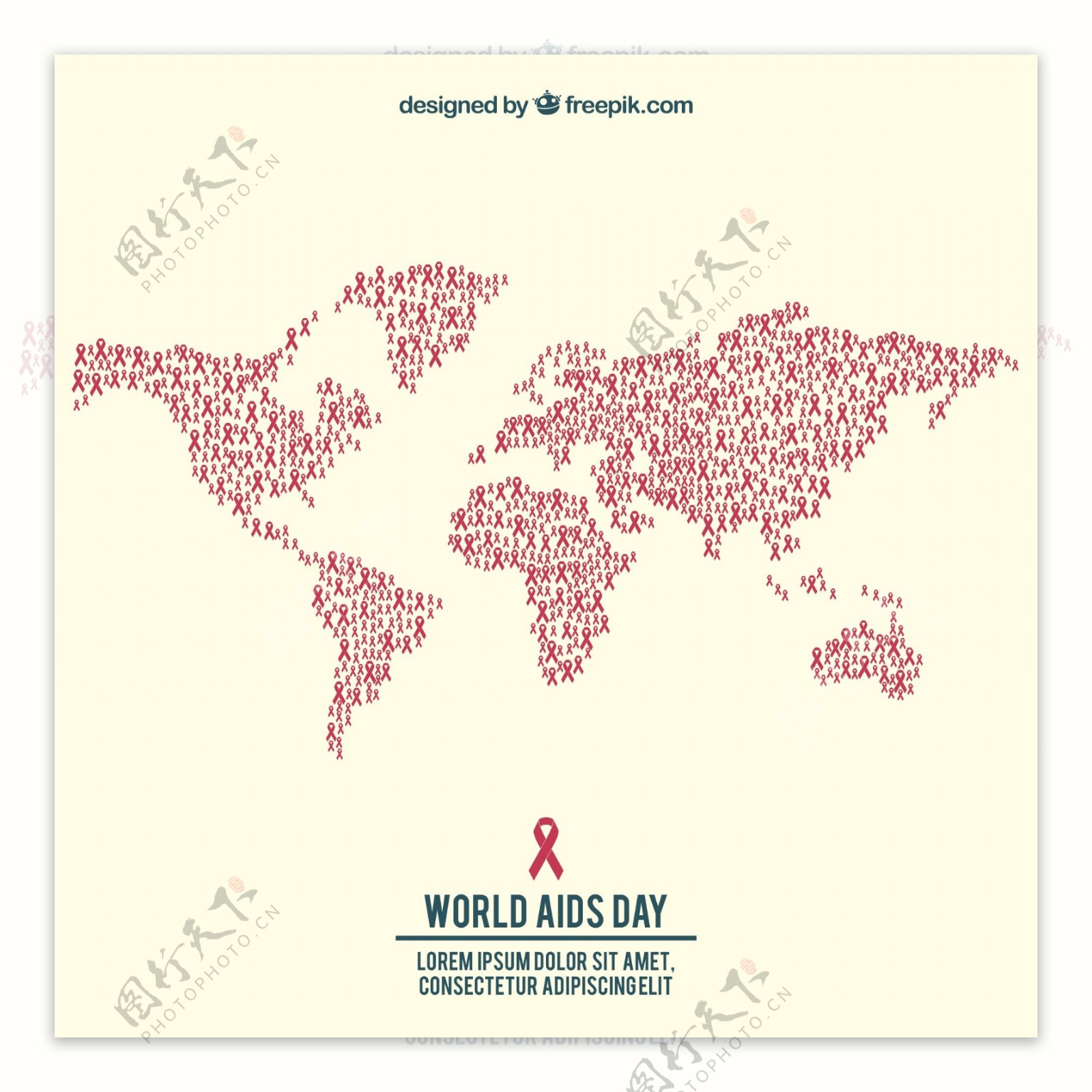世界地图与红丝带艾滋病日背景