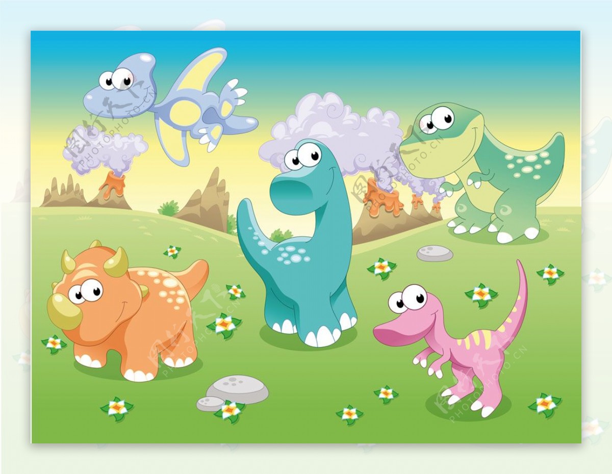 草地上的恐龙和小花图片