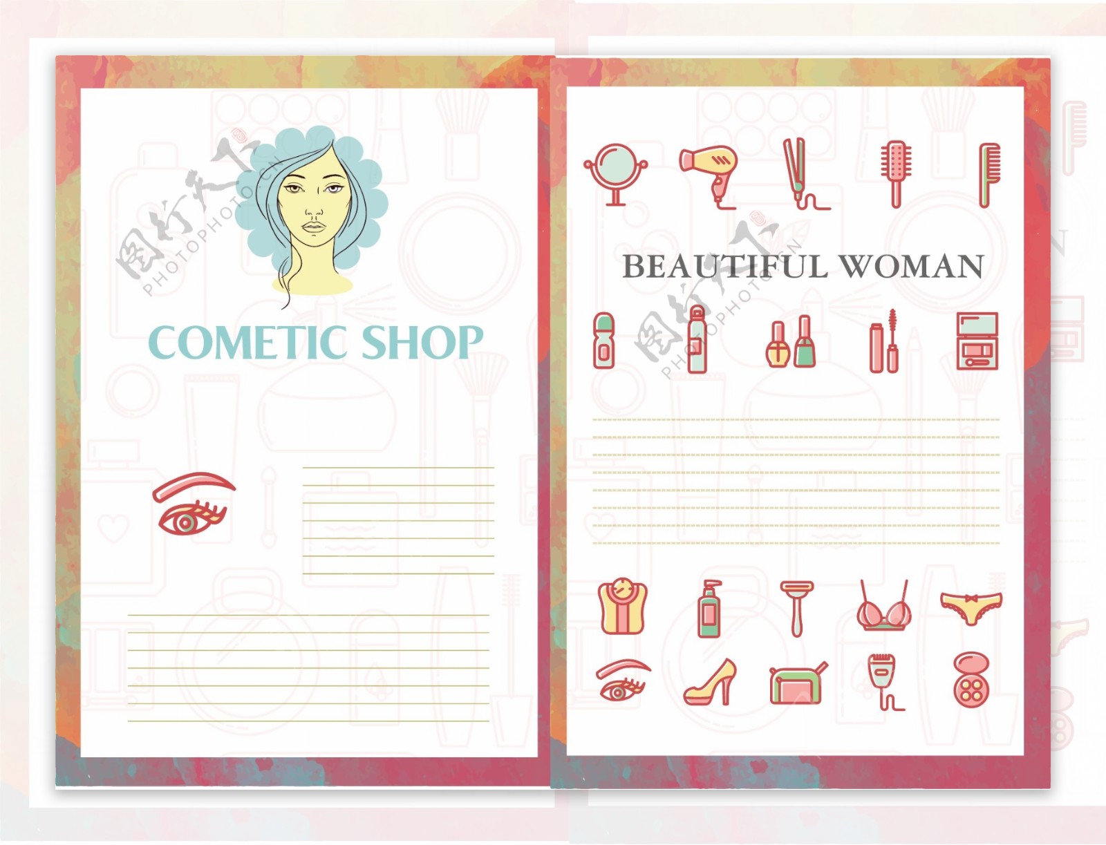 化妆品宣传册矢量插图与美容工具免费