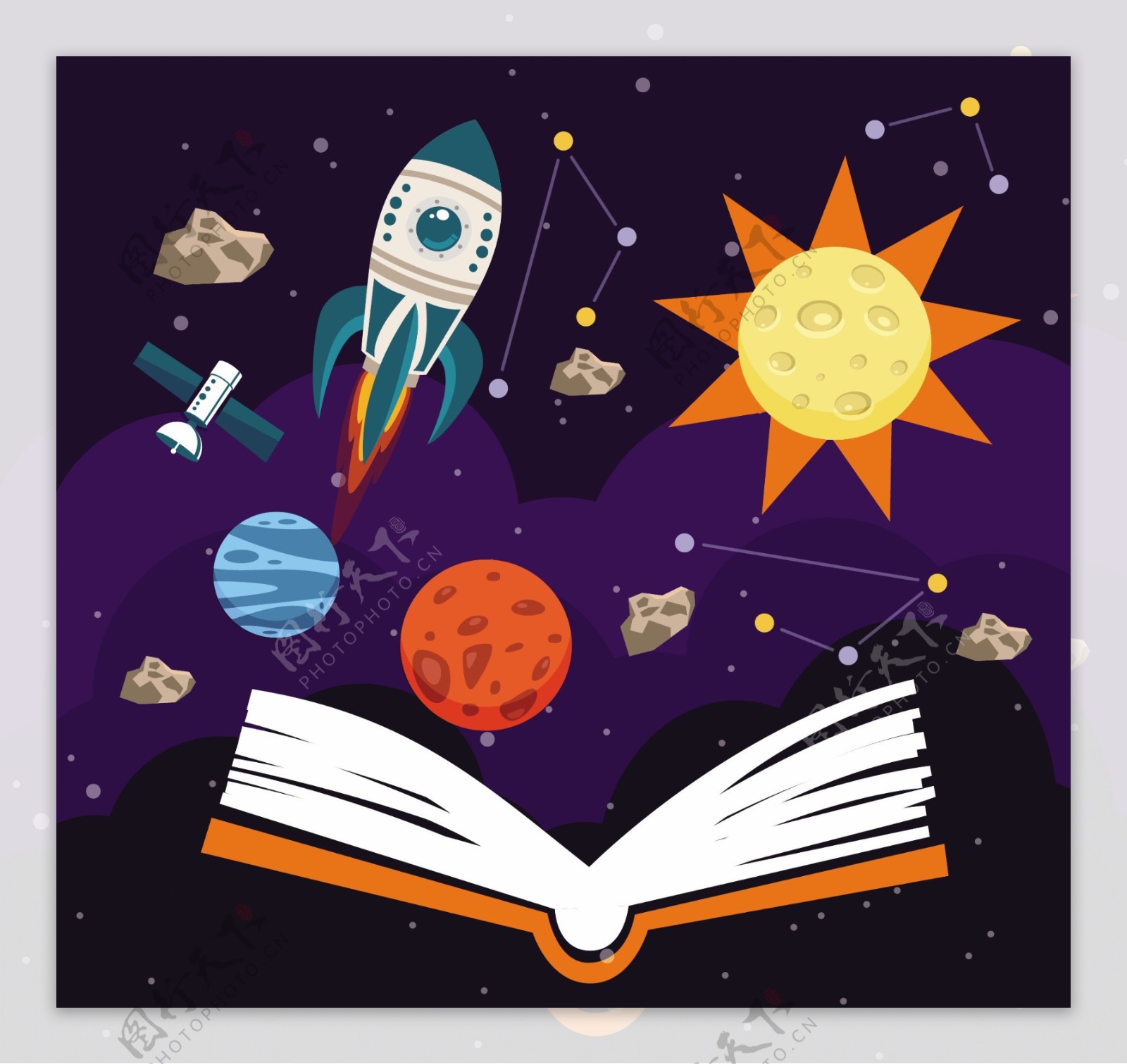 空间科学背景的飞船行星书装饰免费矢量