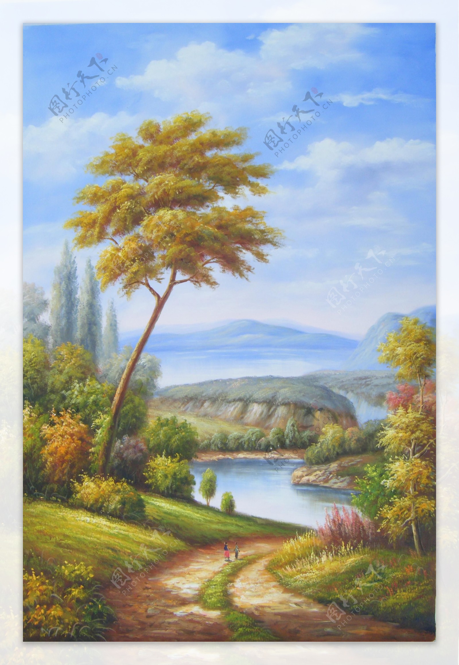 树木湖泊风景油画图片