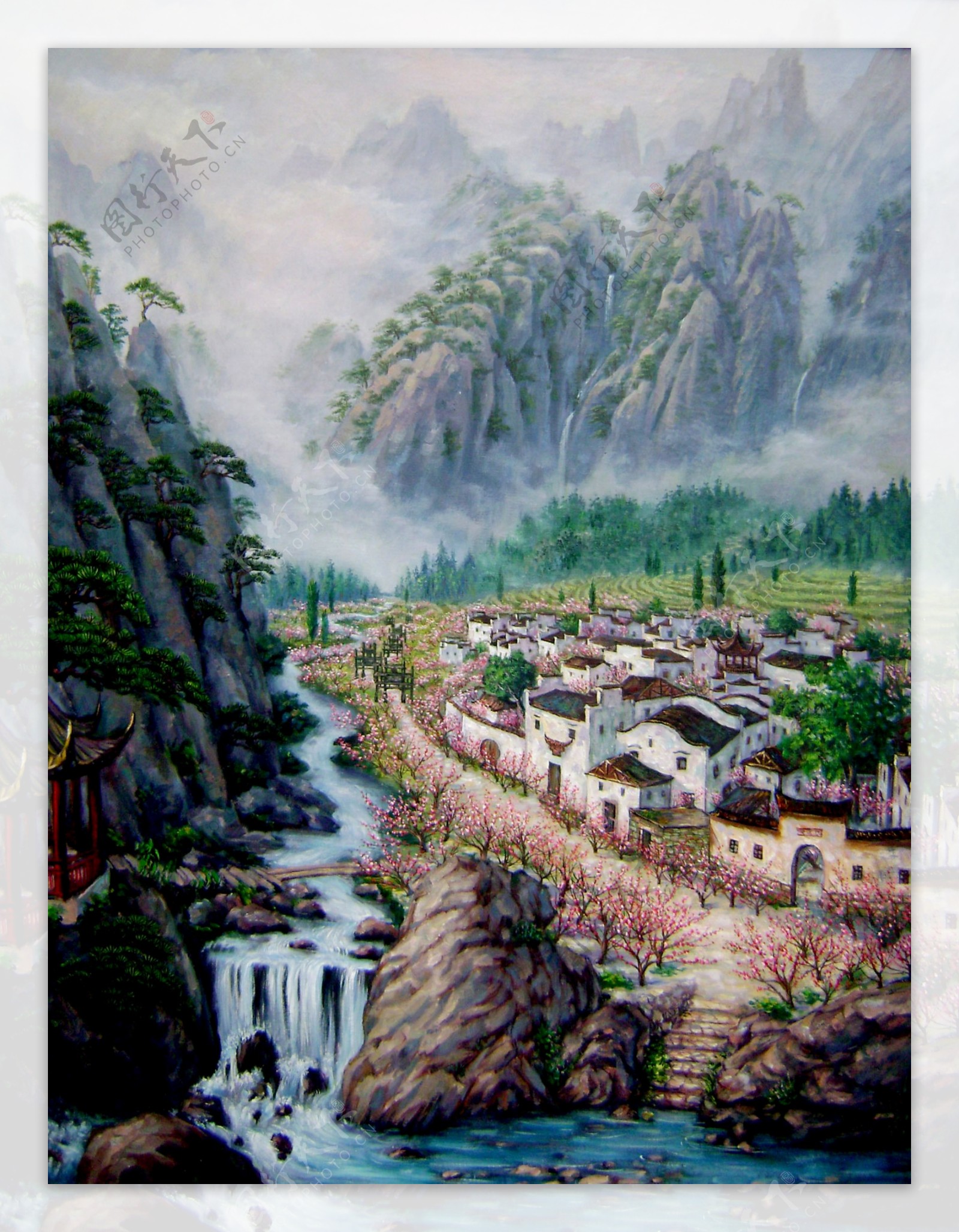 油画山村房屋风景图片