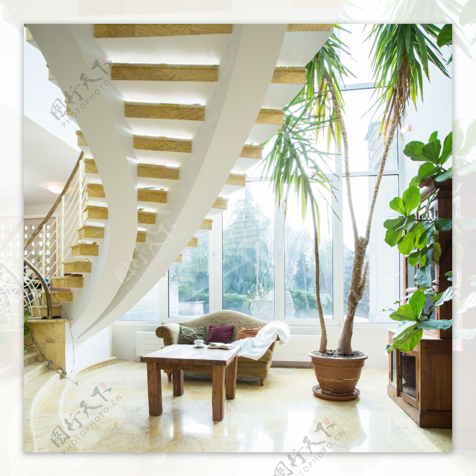 楼梯与沙发茶几植物等高清图片