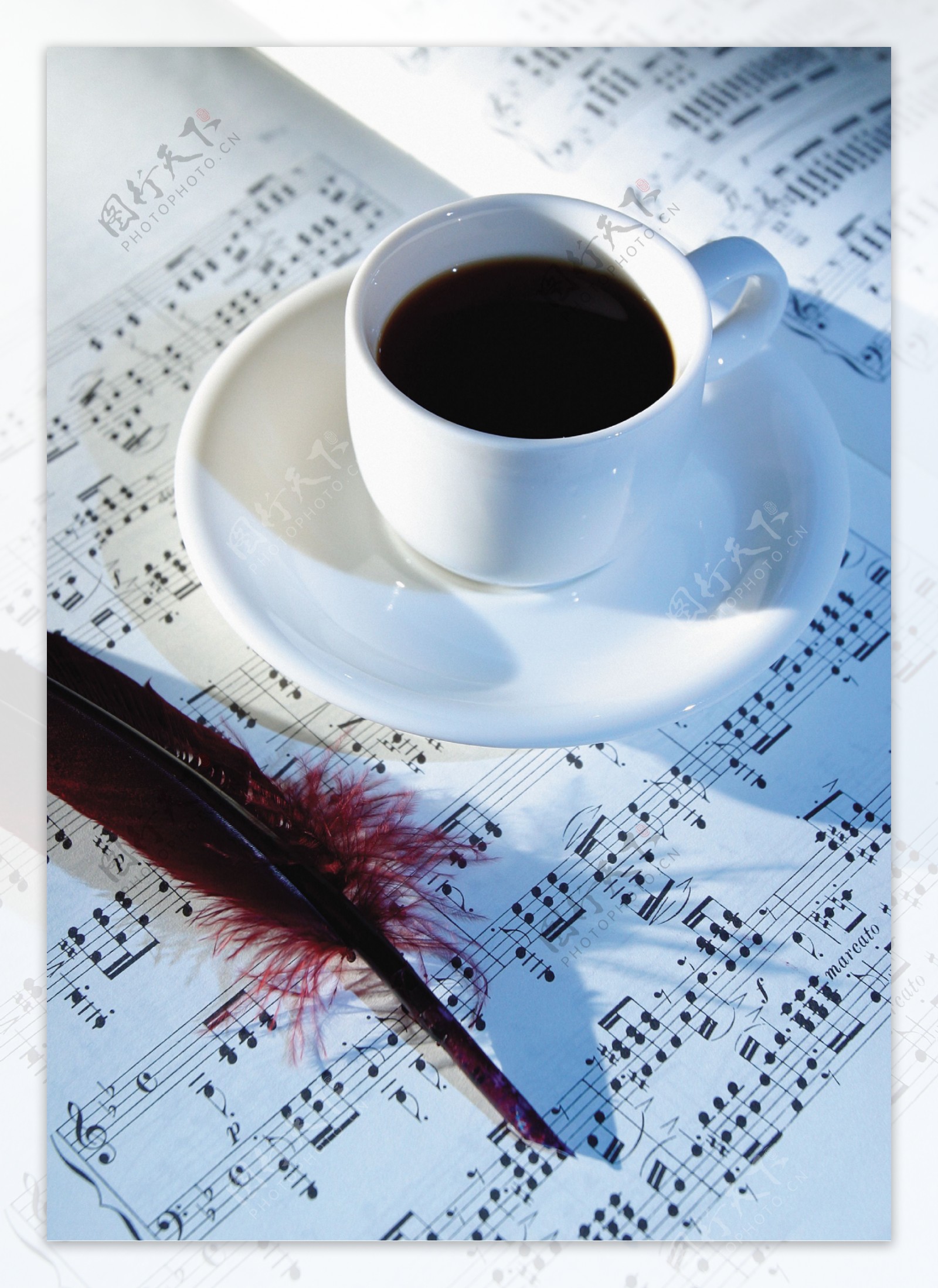 乐谱上的咖啡与羽毛图片