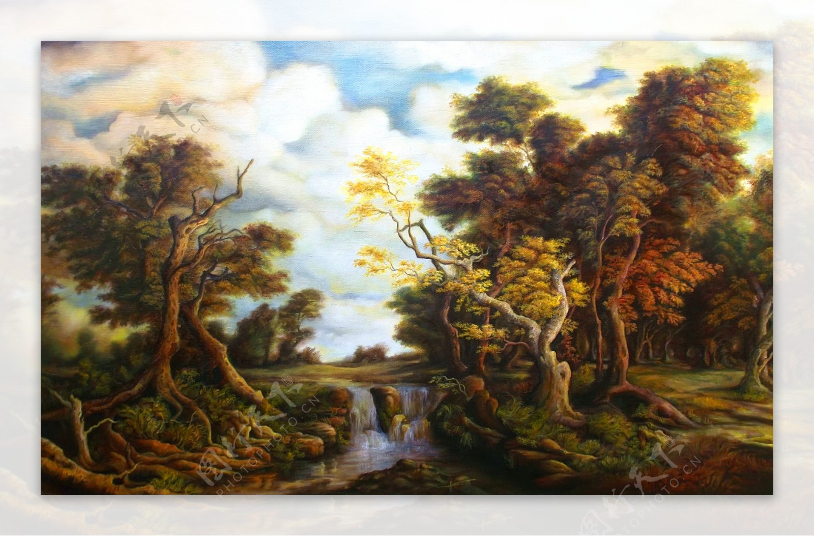 油画树林河流图片